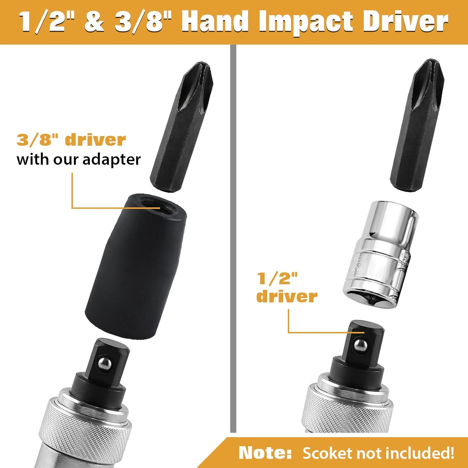 3/8 Inch Drive Manual Impact Driver Set Hand Impact Driver Extractor Tool, Reversible Hand Screwdriver Set, with Slotted and Phillips Screwdriver Bits, for Tighten/Rusted Fasteners