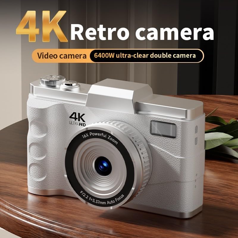 Fotocamera digitale 4K HD, zoom 16x con messa a fuoco automatica con LCD da 3,0 pollici, controllo manuale, scheda TF, stile retrò per fotografia (nero)