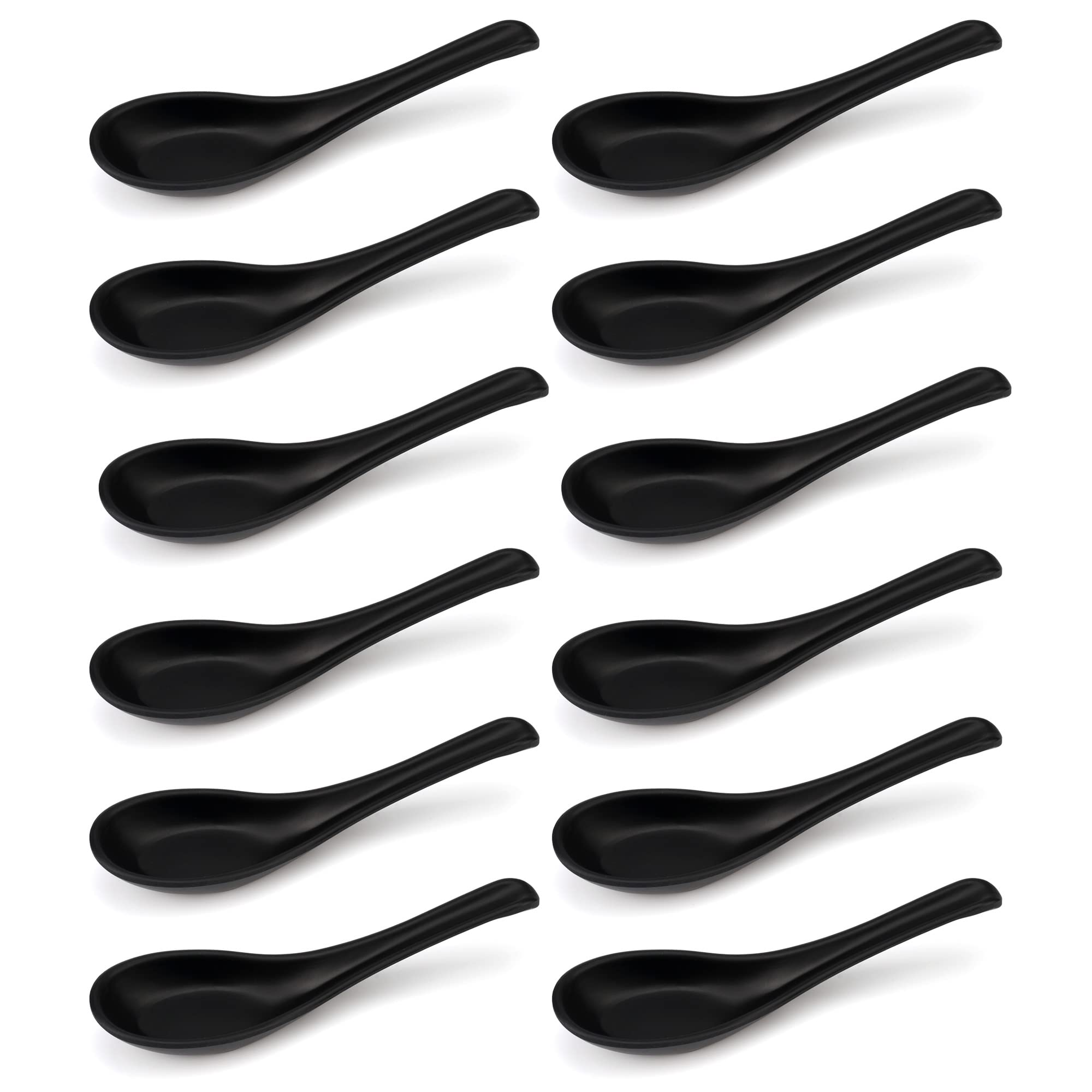 Pack of 12 Asian Soup Spoons Chinese Melamine Spoon for Wonton Noodle Soba Rice Flatware Long Handle Black