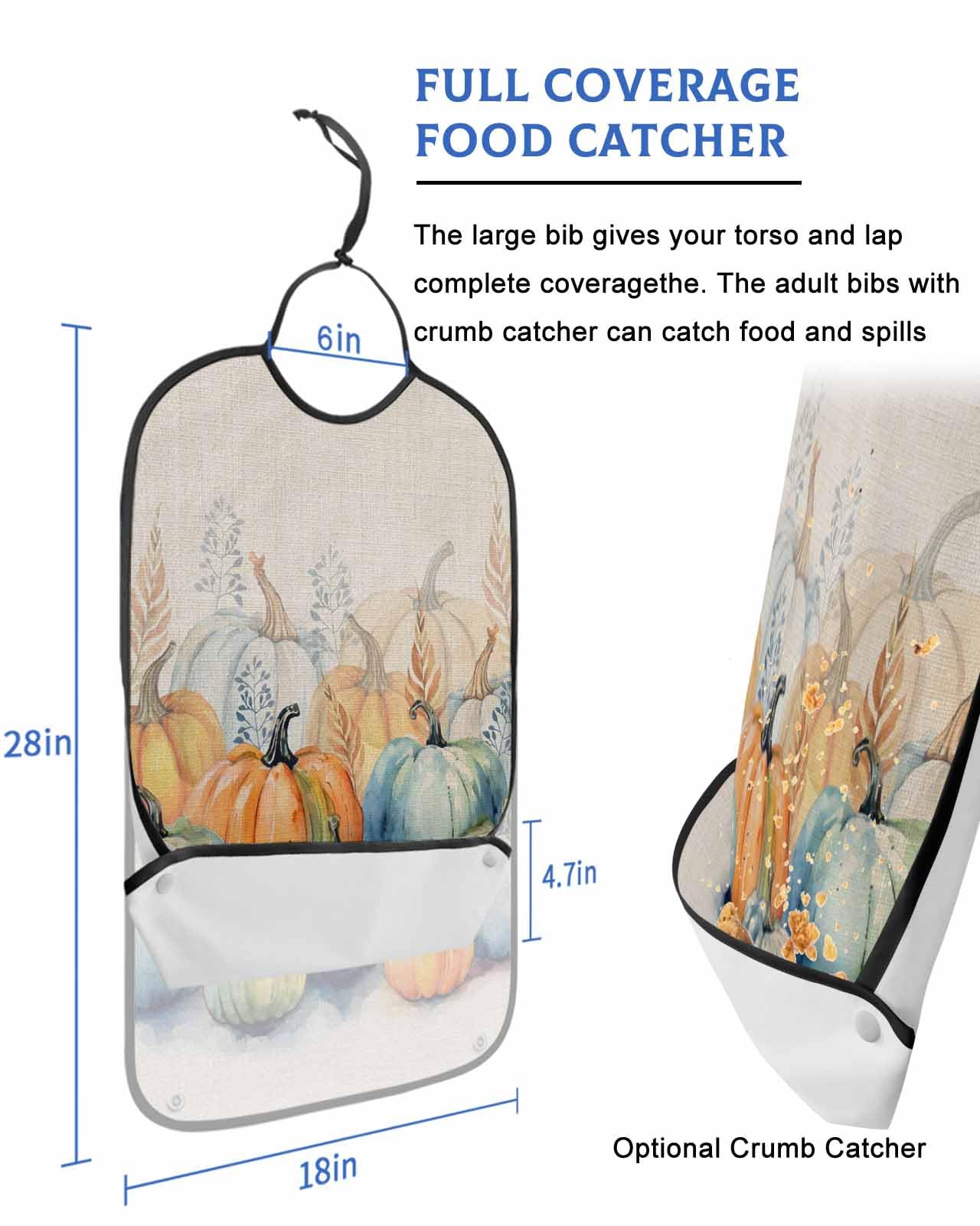 LEOKOTI Orange Blue Pumpkins Fall Adult Bibs for Eating, Waterproof Bibs with Food Catcher & Adjustable Snap Closure, Thanksgiving Harvest Rustic Washable Clothing Protectors Adult Bibs for Elderly