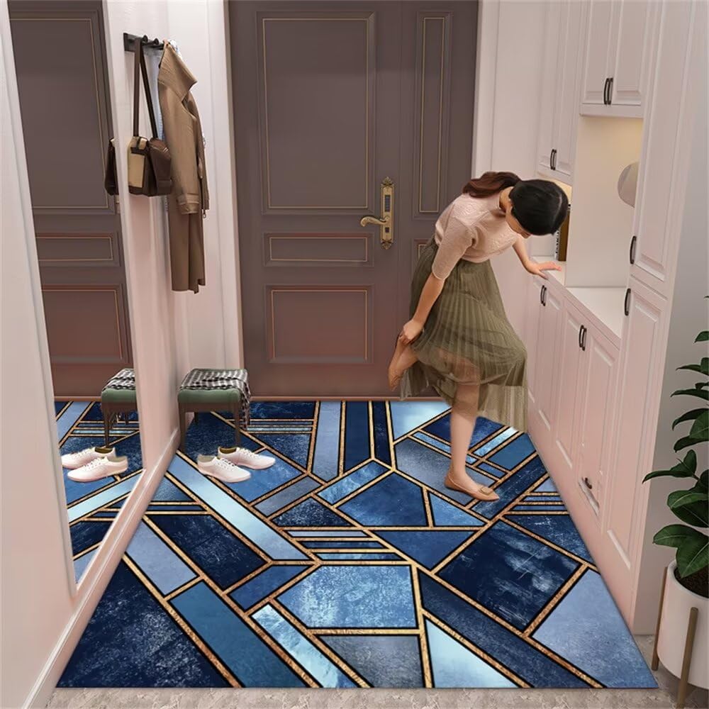 Tapis lavable en machine 200x200cm bleu et rayé pour un salon impeccable