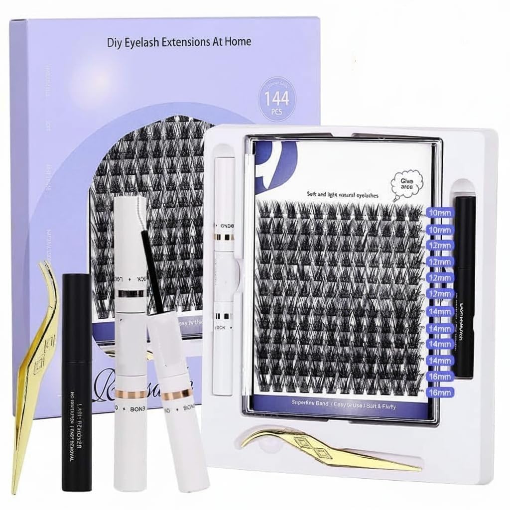 144 Pcs Eyelash Extension Kit, Cluster Eyelash Extensions, 12-16mm DIY Lash Clusters Kit with Bond and Seal, Lash Applicator Tool DIY Extensions at Home, Easy to Apply