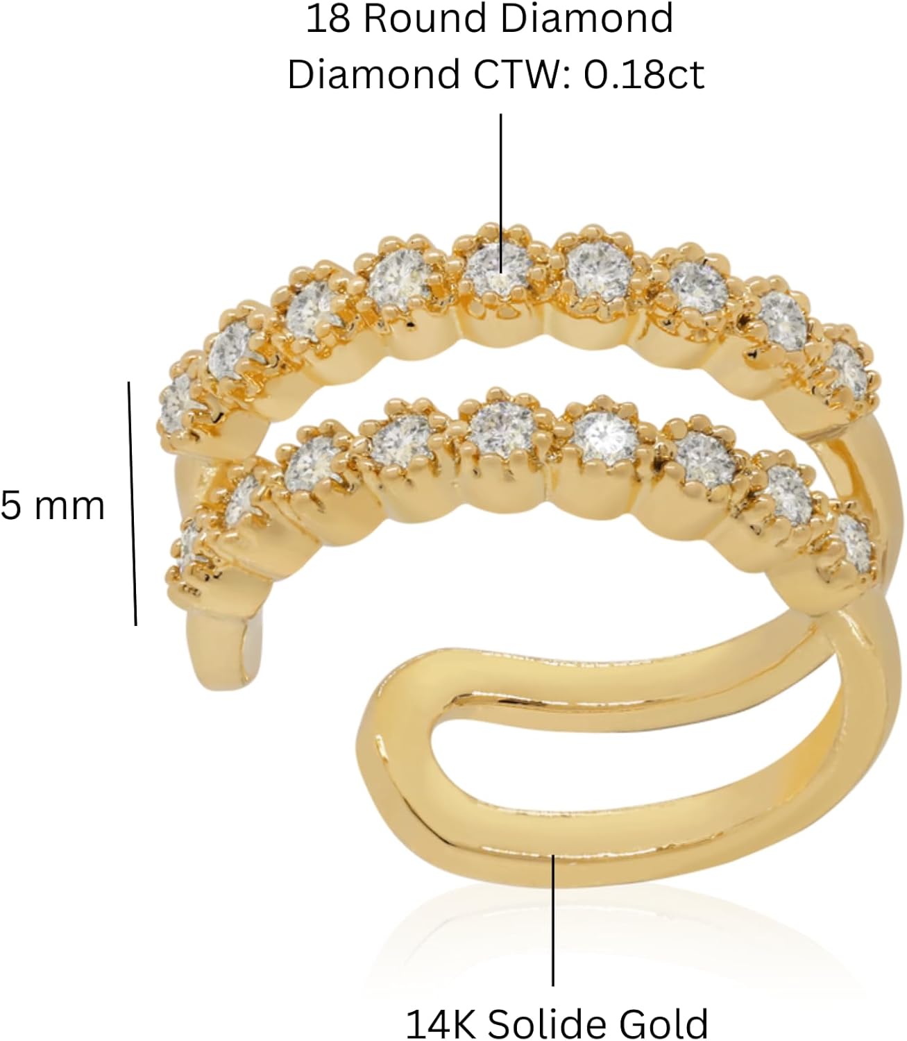 14k Gold Genuine Diamond (0.18ct) Ear cuff, No piercing Wrap Diamond Cuff, Minimalist Double row Piercing for woman.
