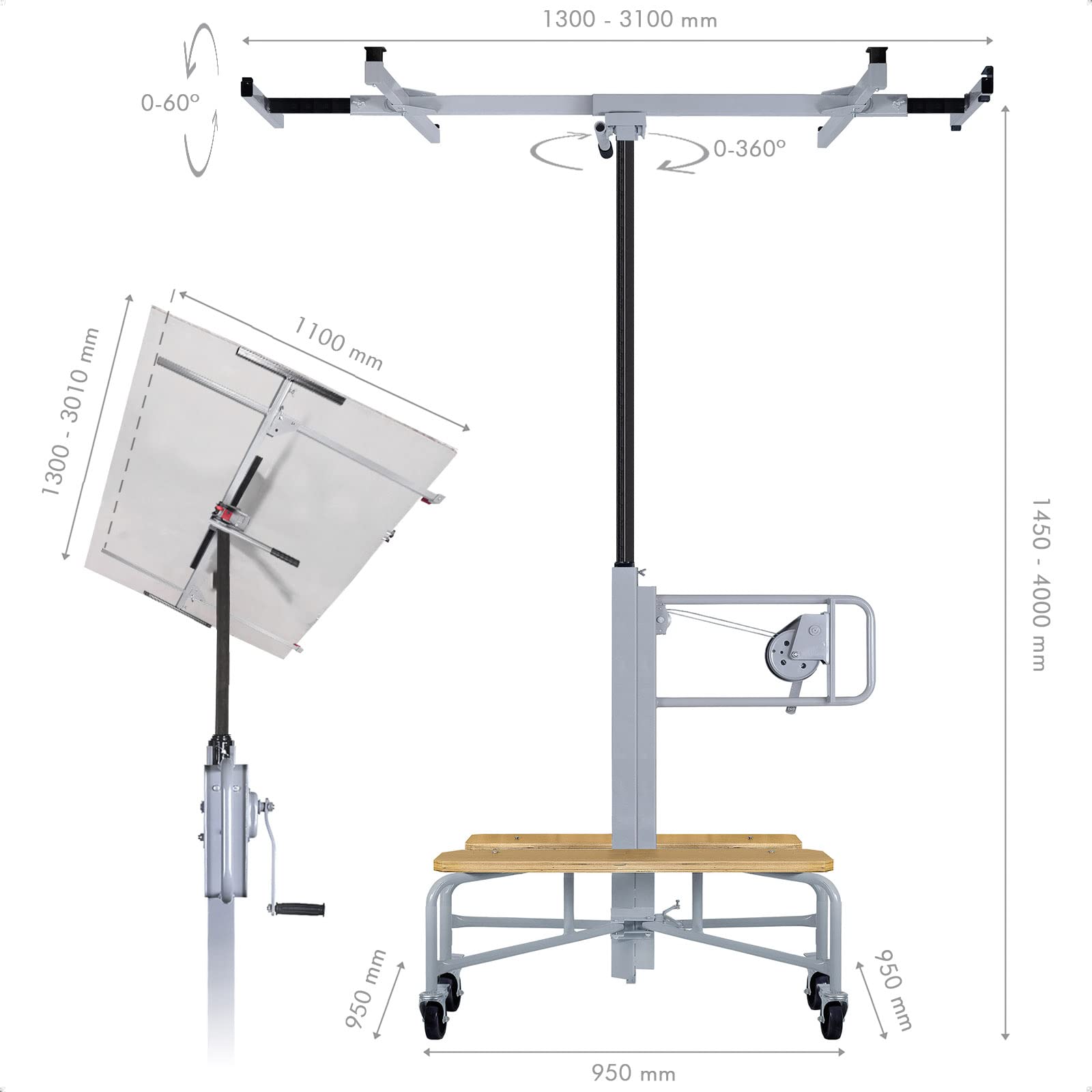 Werku WK602160, Élevateur Panneaux-Plaques Horizontal-Vertical, Qualité Professionnelle, Normes EN14194 et EN ISO 12100, Charge Max 75 kg, Hauteur Max 4 m