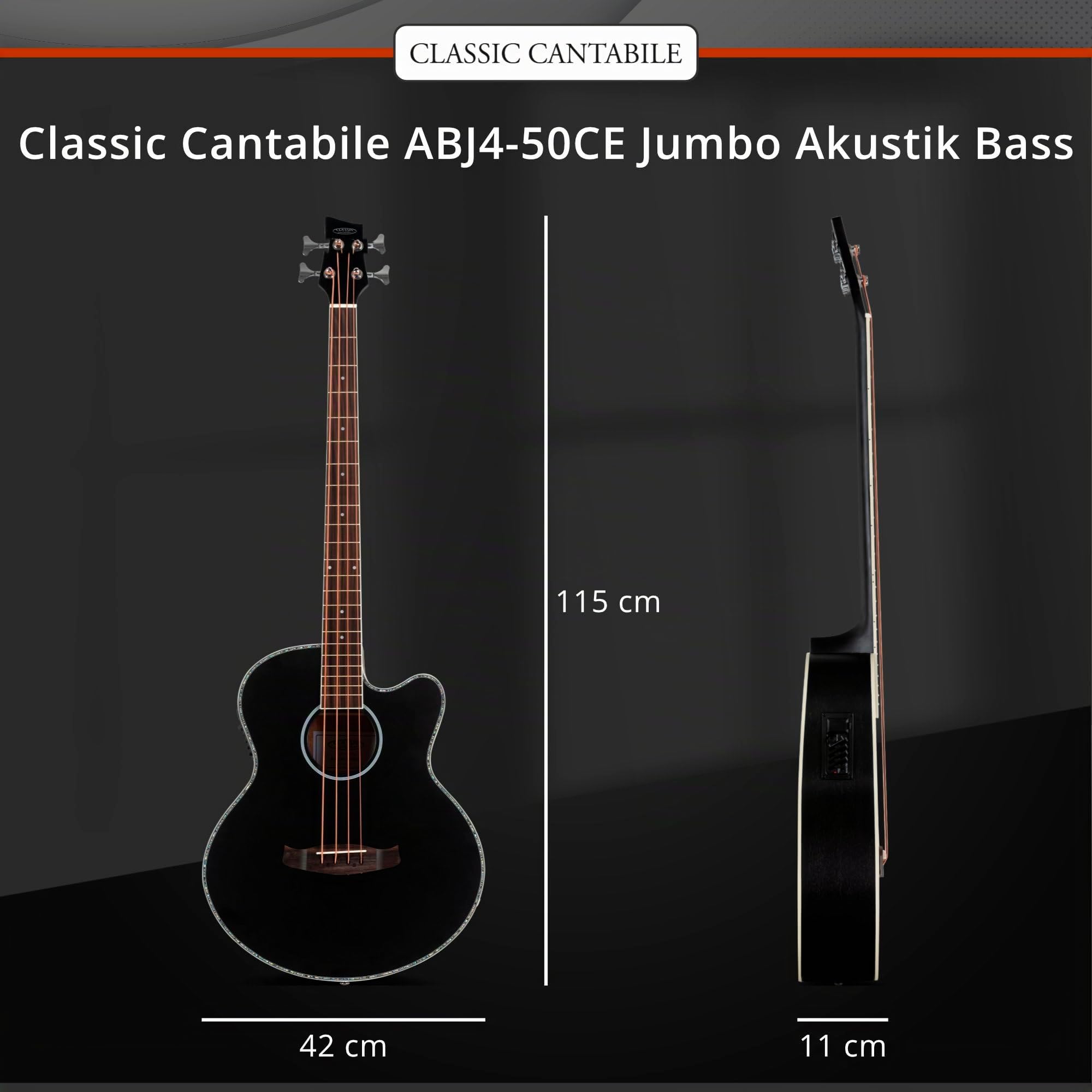 Classic Cantabile ABJ4-50CE-BK Jumbo Basso Acustico Black, Allgemein | Modell: ABJ4-50CE-BK, Gewicht: 2, 3 kg, Anzahl Saiten: 4, Orientierung: Rechtshänder, Korpus, Korpusform: Jumbo mit Cutaway
