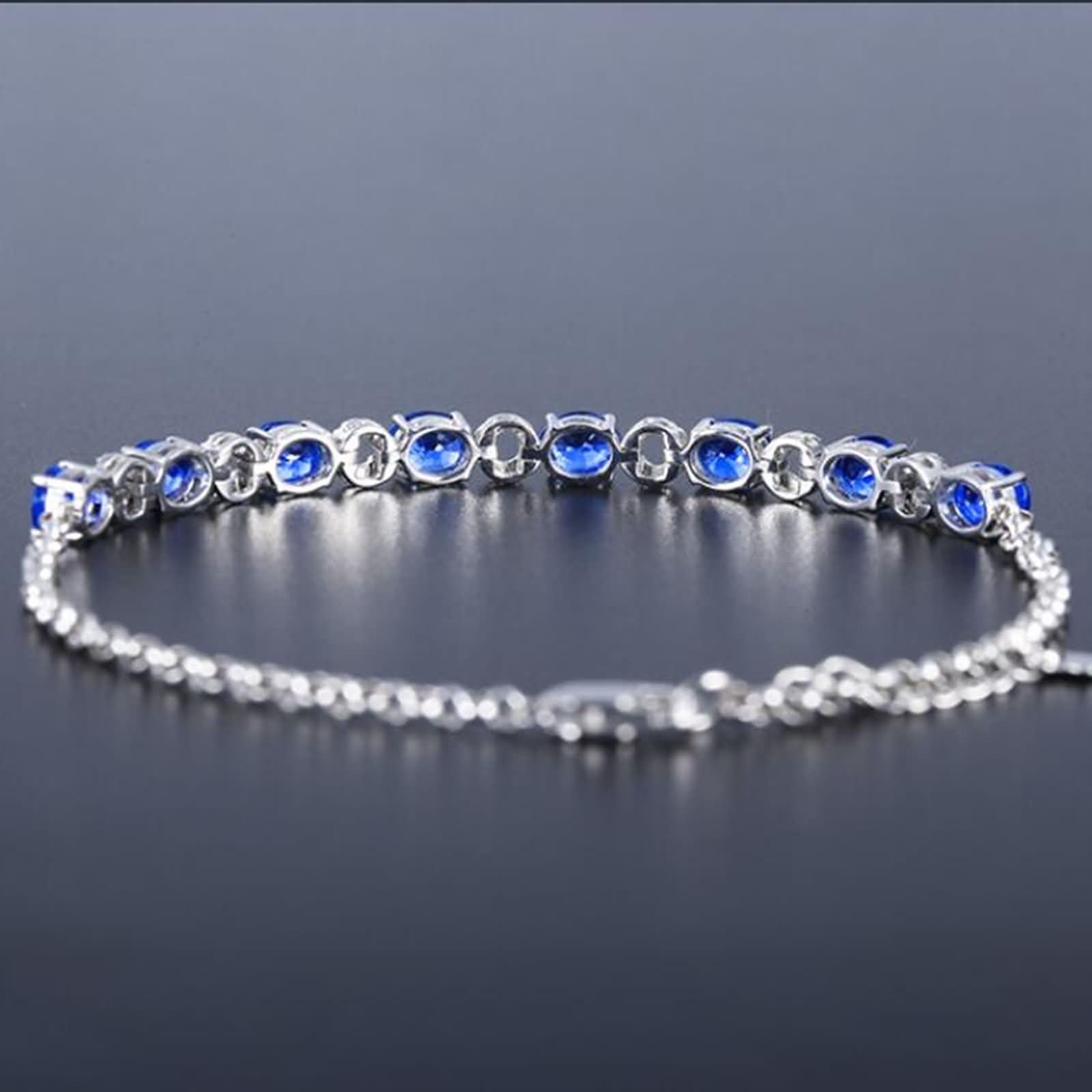 Bracciale Donna Oro Bianco 9 Kt / 14 Kt / 18 Kt 750, Ovale e Cavo con Zaffiro Creato da 3,62 ct e Moissanite, Regolabile 16 CM + 5 CM, Bracciali Catena Blu Argento Donna