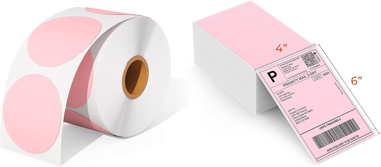 2 Inch Pink Circle Thermal Sticker Labels+Pink Shipping Labels