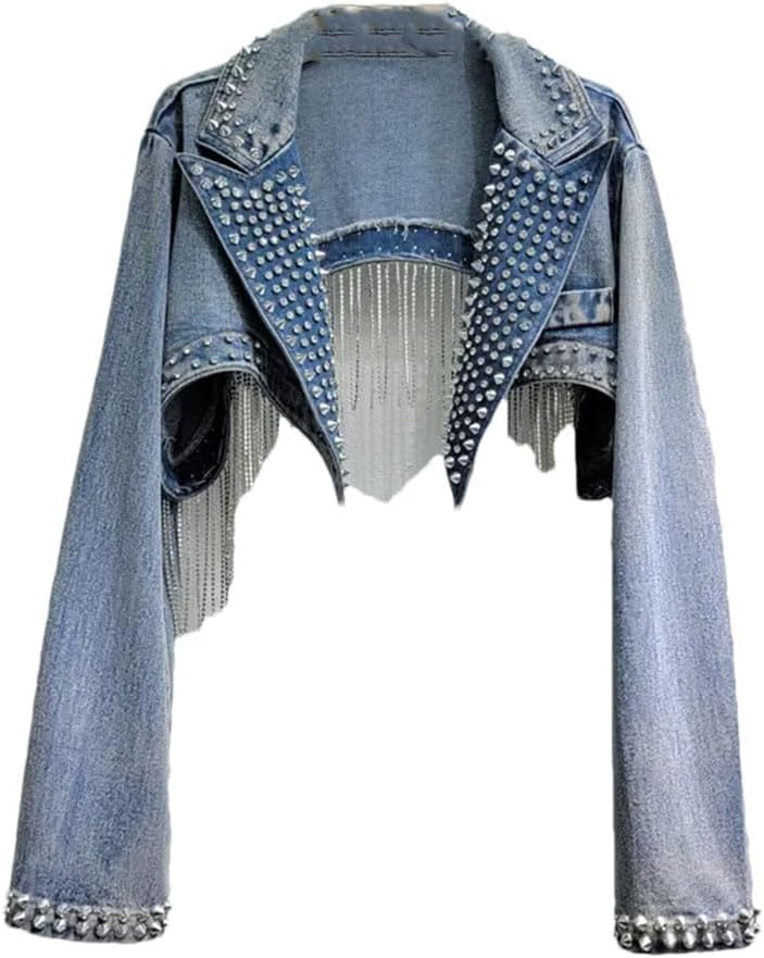 Women's Rhinestones Tassels Rivets Short Denim Jacket Lapel Cocktail Party Denim Jackets