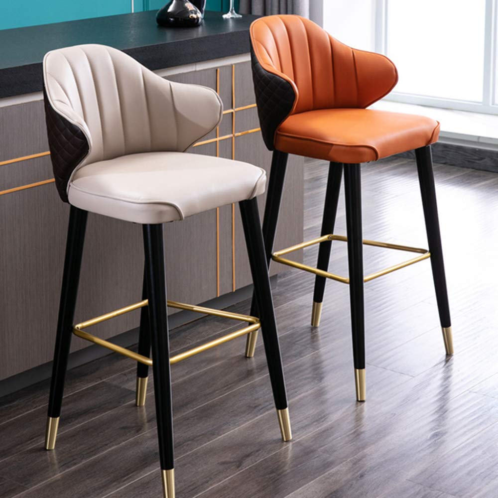 Moderno taburete de bar para encimera de cocina con asiento de piel sintética y patas de metal, taburete alto para barras, color beige (65 cm)