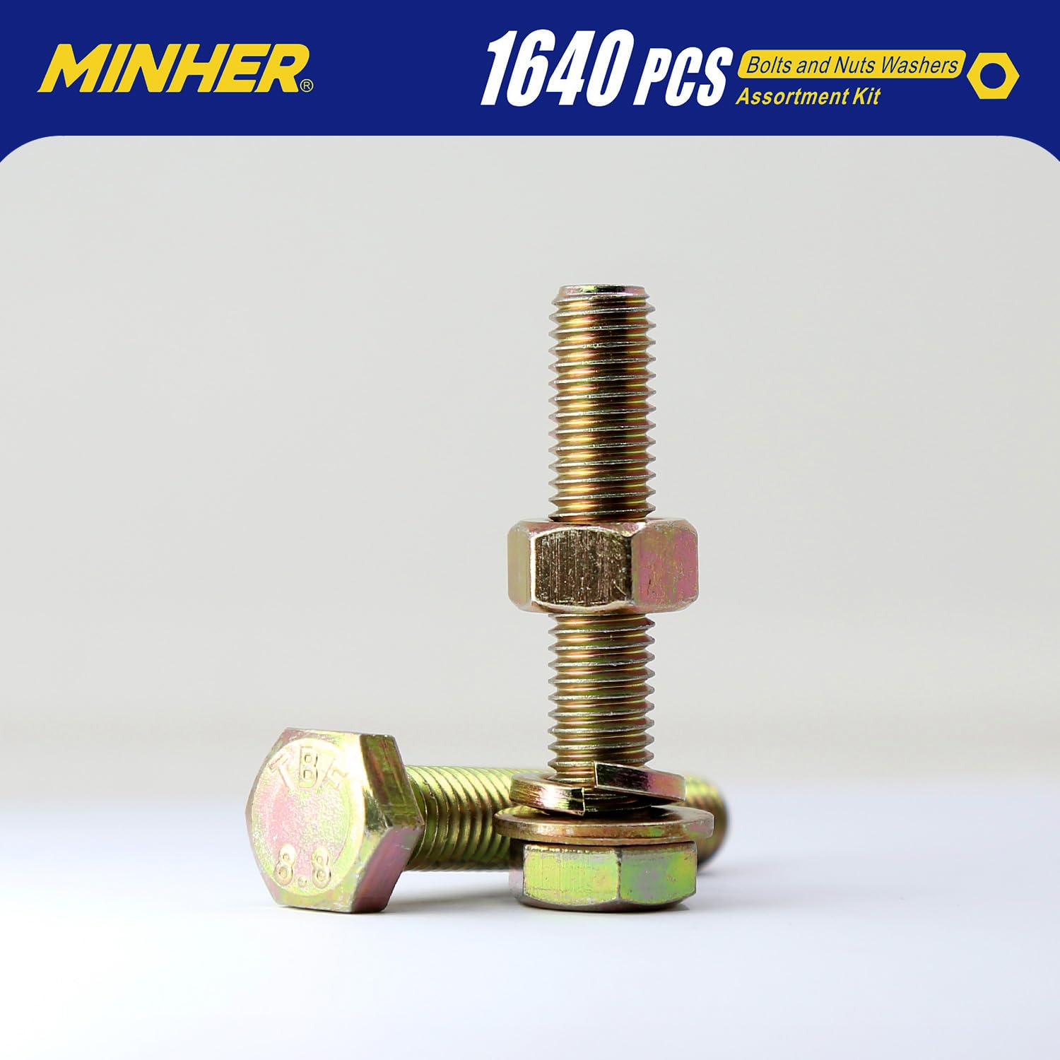 MINHER 1640 Pcs M4 M5 M6 Bullone Esagonale Bulloni e Dadi Rondelle piane e rondelle elastiche set in Acciaio legato di grado 8.8