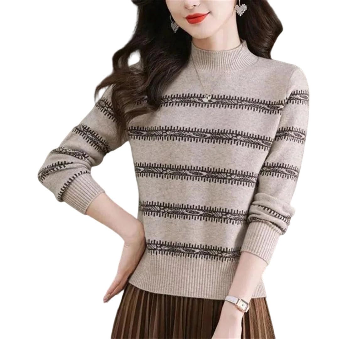 Womens Winter Round Neck Contrast Color Clothing Pullover Striped Long Sleeve Sweater Knitted Elegant Korean Tops