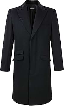 Lucasini Mens Black Wool Long Peak Lapel Overcoat Warm Winter Mod