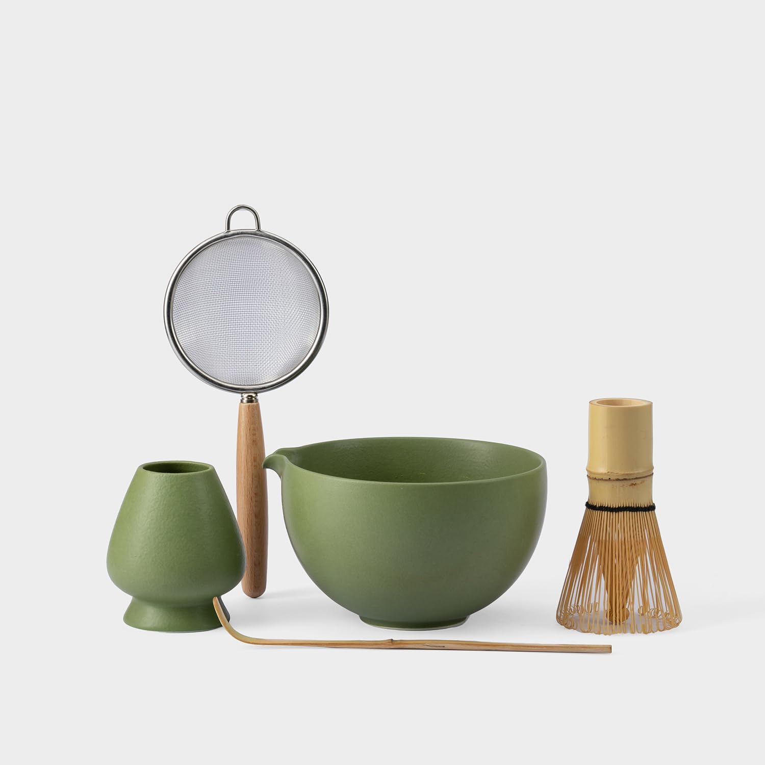 Matcha Whisk Set, Matcha Set with Ceramic Matcha Bowl, Bamboo Whisk & Holder, Sifter, Tea Scoop (Matcha Green)