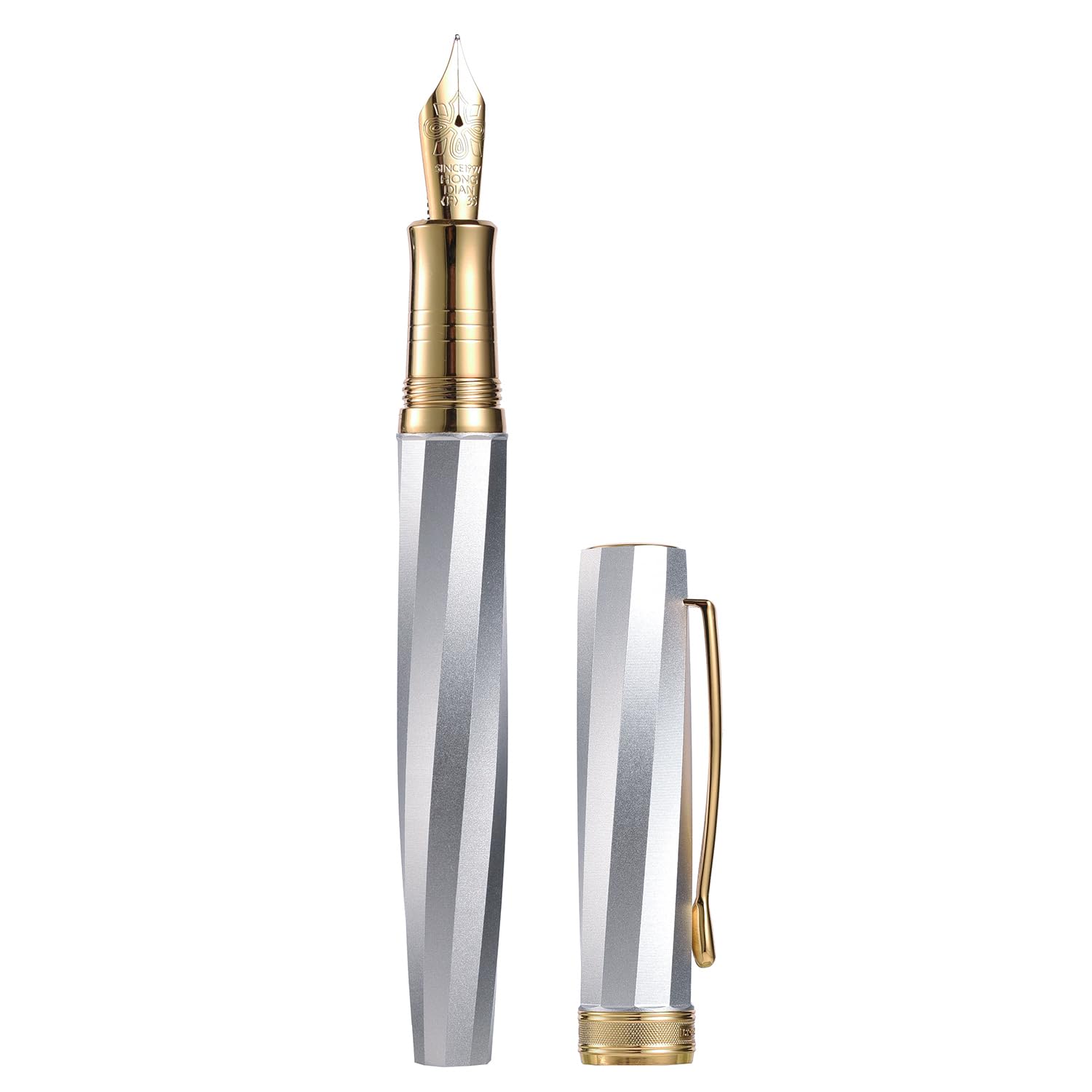 Hong Dian N11 Fountain Pen, Extra Fine Soft Nib Coated in Gold, Platinum Silver and Geometric Twill Design with Metal Case