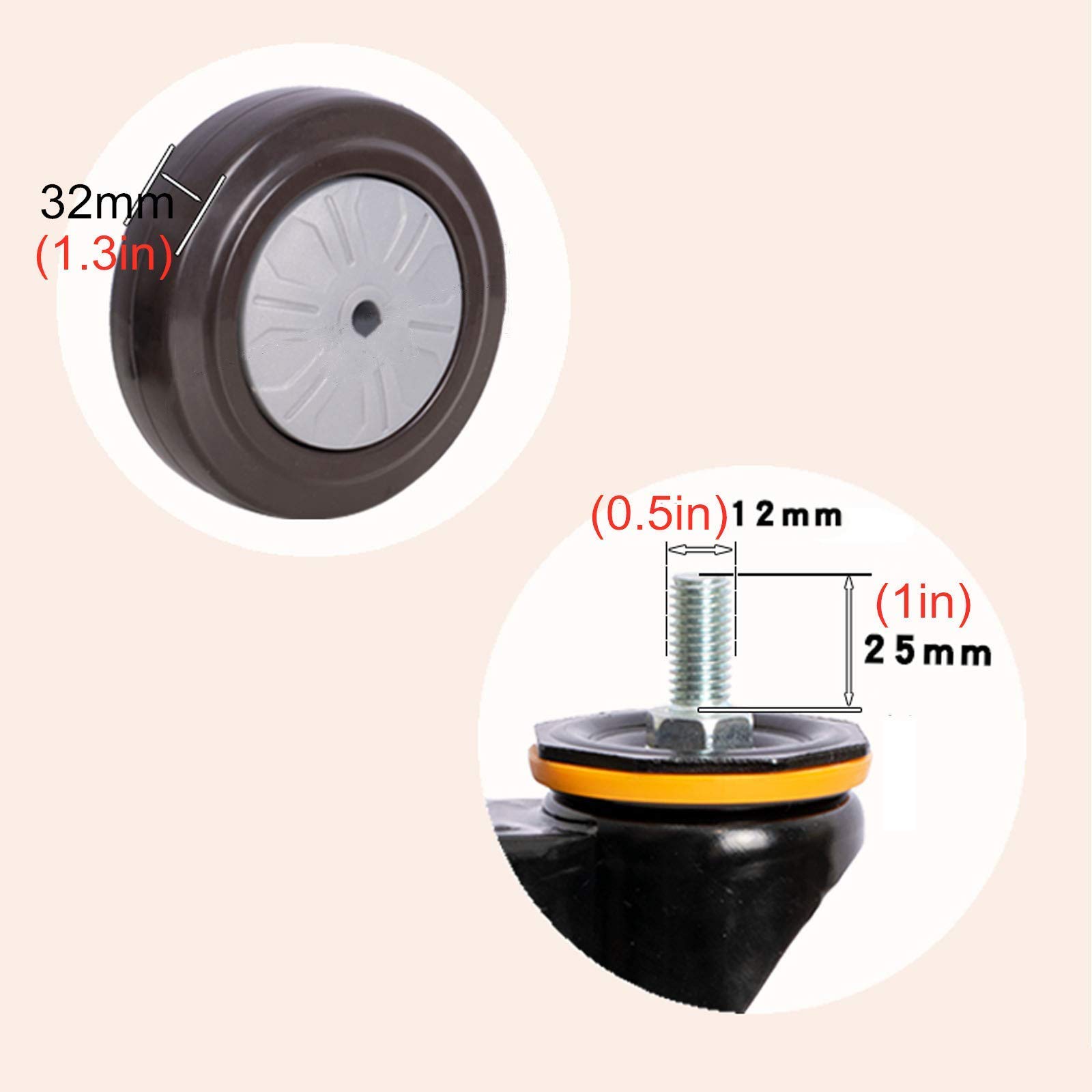 Roulettes pivotantes pour meubles, roulettes pivotantes en caoutchouc robustes, roulettes de remplacement, roulettes de meubles de chariot, roulettes de transport industriel, tige à roulettes M12x25