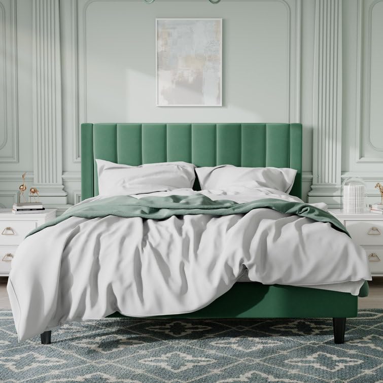 Image of HITHOS Modern Upholstered Queen Size Bed with Wingback Headboard | Wooden Double Bed Cot Palang Without Storage for Living Room Bedroom Home (Green) 1 Year Warranty