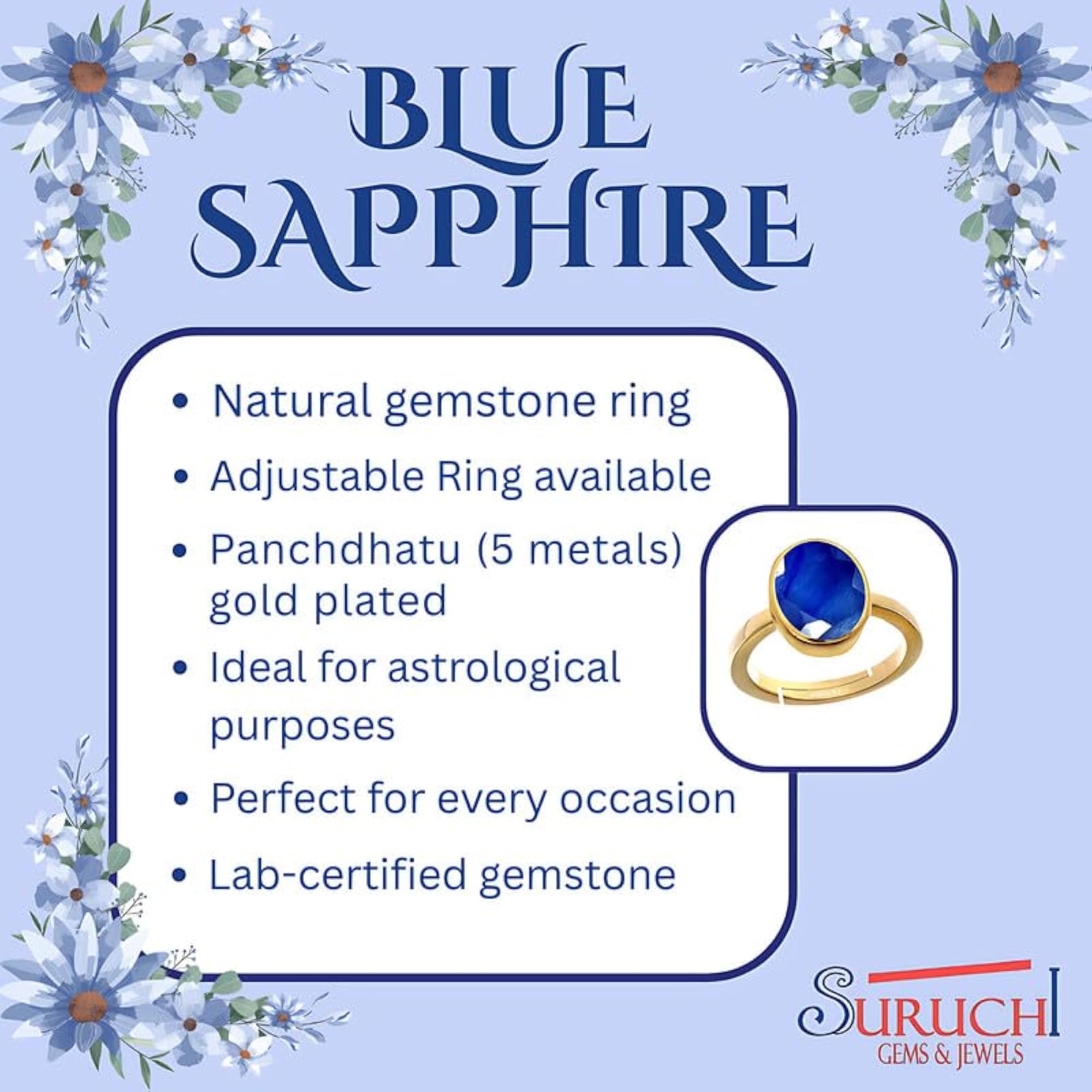 Women's Blue Sapphire Panchdhatu Adjustable Ring, 5.25 Ratti