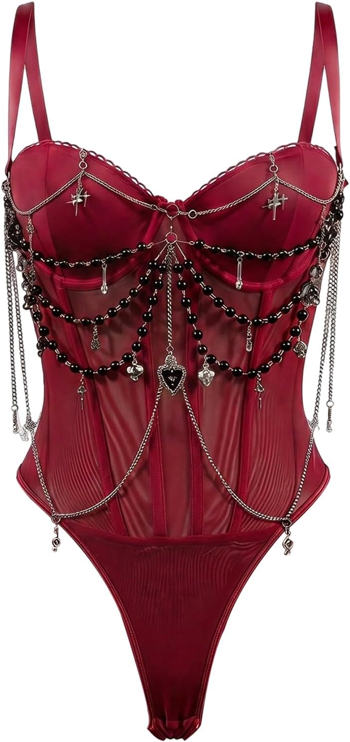 Floerns Women's Gothic Chain Mesh Corset Tops Spaghetti Strap Club Shaperwear Bodysuit
