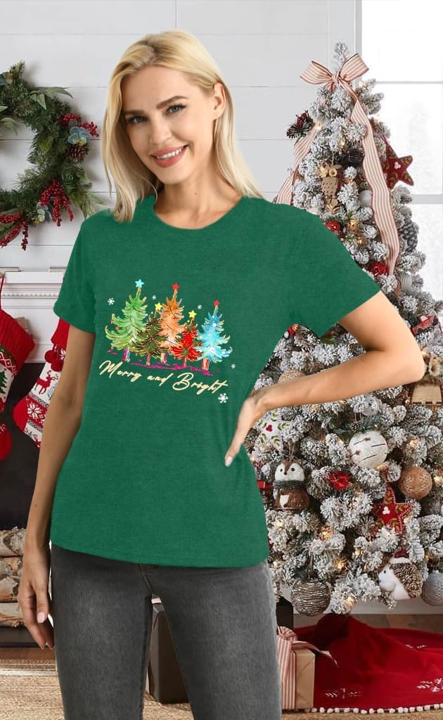 LBP Merry Christmas Shirt for Women Merry and Bright Christmas T-Shirt Xmas Holiday Tee Tops - Image 3