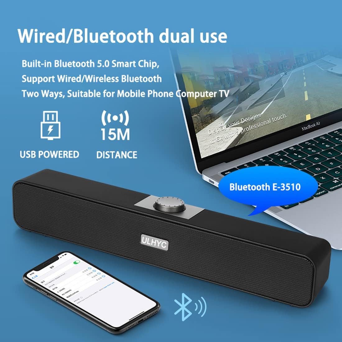 ULHYC® Computer Speakers, Wired USB Desktop Speaker, Bluetooth Link, Subwoofer, Stereo Sound USB Powered Mini Sound Bar Speaker for PC Tablets Desktop Laptop Mobile MP3 Mac Air/Pro 2026 - view 2