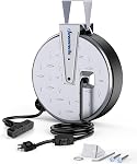 DEWENWILS Bobine de cordon d'extension métallique,30FT Cord d'extension rétractable, 16AWG/3C SJTW Cord électrique, 3 Sorties électriques, 10A Disjoncteur, mur ou plafond supportable pour atelier, garage, UL Inscrit