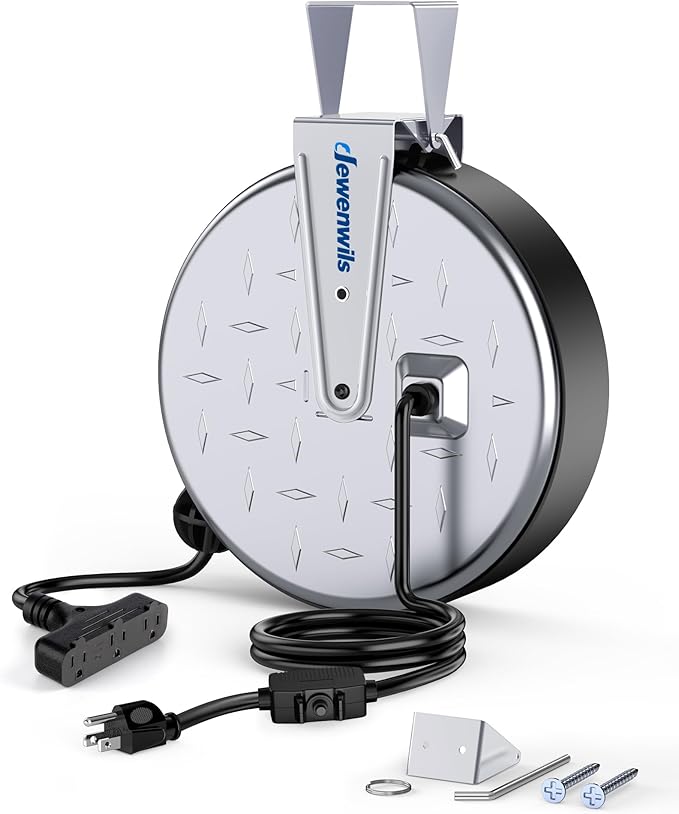 DEWENWILS 30FT Extension Cord Reel, 16/3 Gauge SJTW Power Cord, Retractable Cord Reel with 3 Outlets, Ceiling/Wall Mount for Garage, Workshop, 10A Circuit Breaker, Metal Plate, UL Listed, Blue