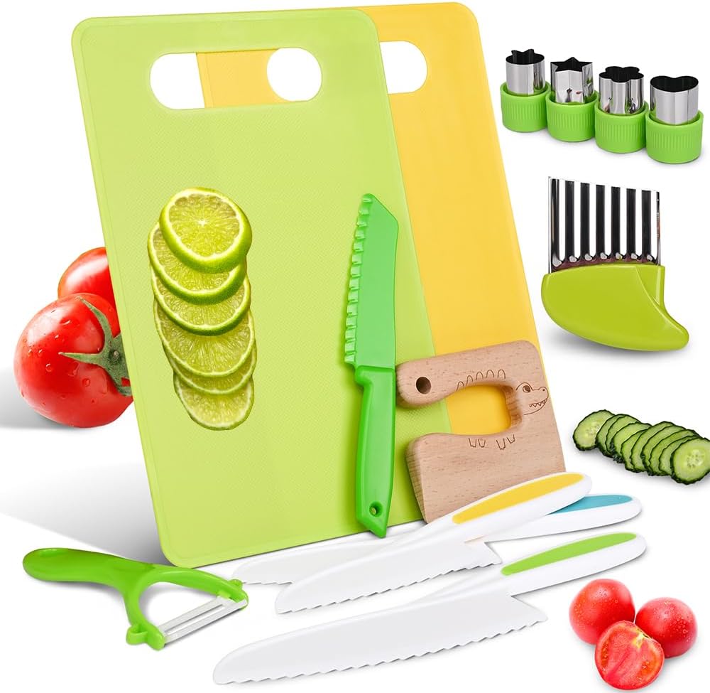 13 Pcs Montessori Kitchen Tools for Toddlers Kitchen Tools Kid Safe Knife Set for Real Cooking Cutting Boards,Crinkle Cutter,Peeler,Serrated Edges and Wooden Safe Knives