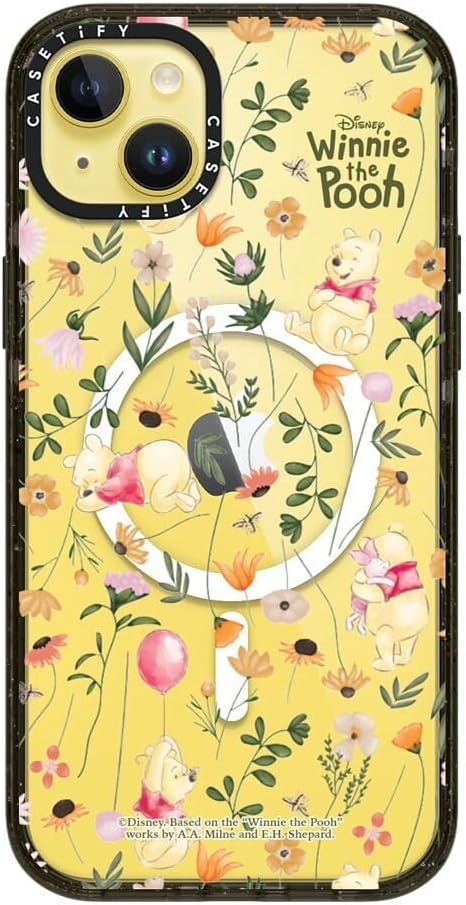 CASETiFY Impact iPhone 14 Plus Case [Winnie The Pooh Co-Lab / 8.2ft Drop Protection/Magsafe] - Vintage Floral Case - Clear Black