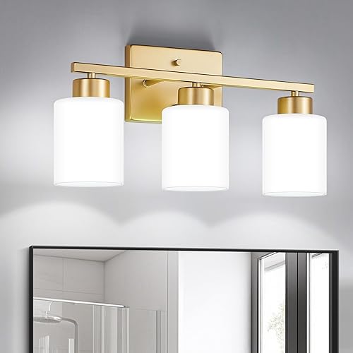 Gold Bathroom Light Fixtures, 3-Light Modern Vanity Light Over Mirror, Wall Sconces with Milky White Frosted Glass Shades, E26 Socket (Bulbs Not Included)
