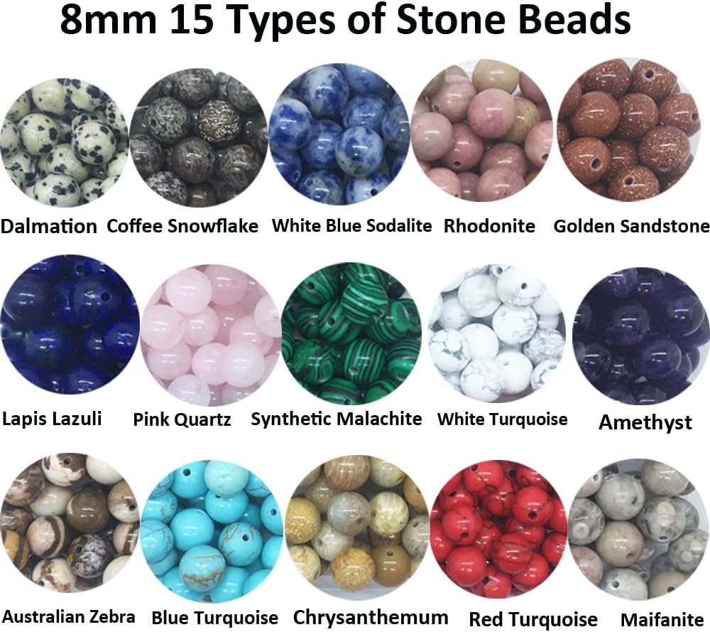 450pcs 8mm Natural Round Stone Beads Gemstone Beading Loose Gemstone Beads Hole Size 1mm DIY Smooth Beads for Bracelet Necklace Earrings Jewelry Making,Box Packed (15 Material-1, 8mm) 15 Material-1, 8mm 8mm