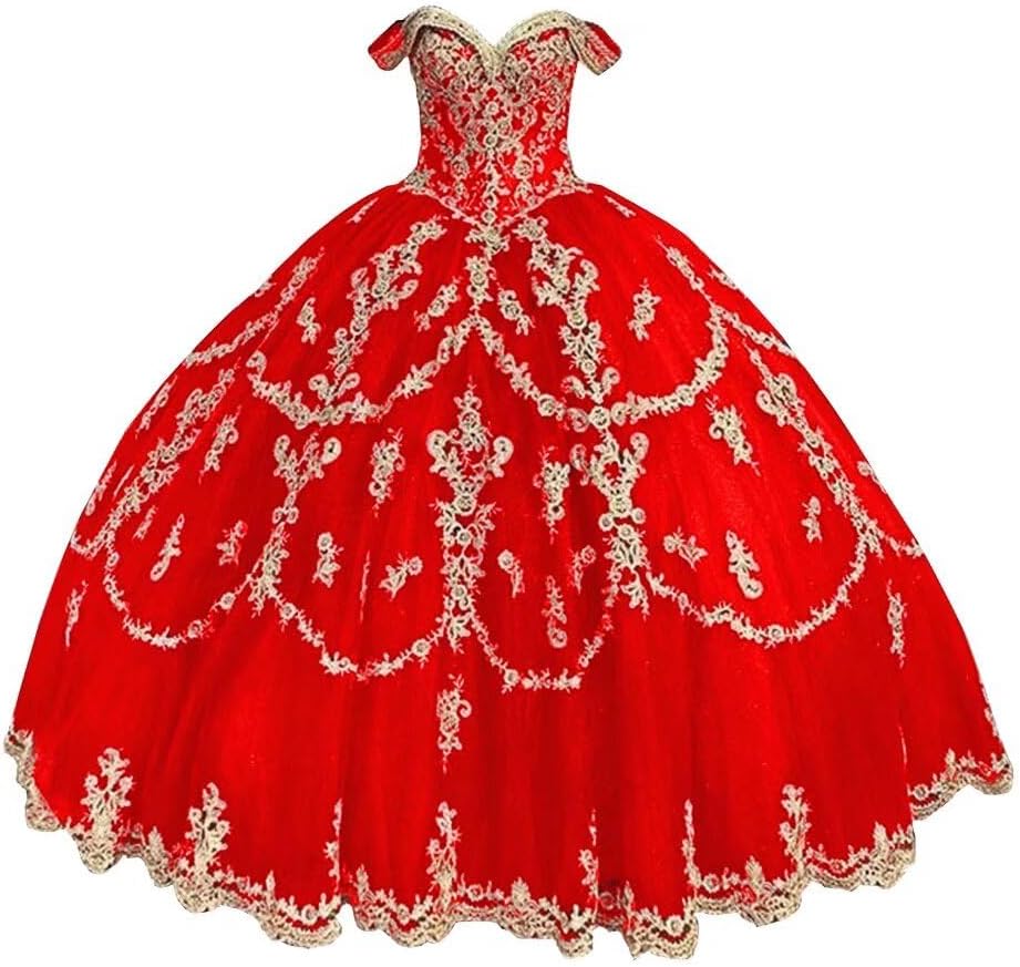 Gold and Red Lace Gothic Wedding Dresses Vintage Off The Shoulder Quinceanera Dress for Women 2026