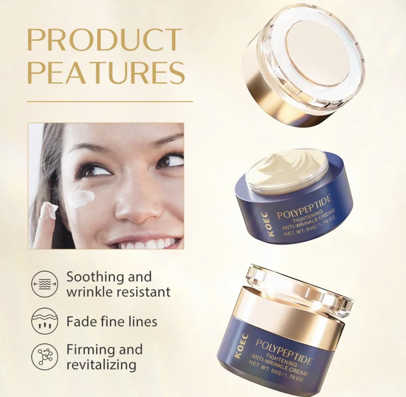 KOEC Polypeptide Anti-Wrinkle Face Cream with Tripeptide-1, Nicotinamide, Squalane, Tightening and Firming Formula, 1.76 oz