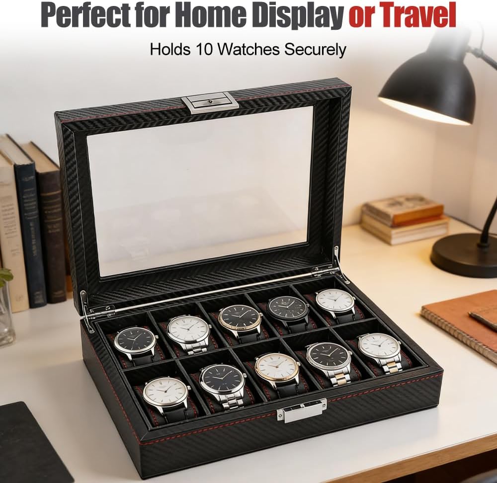 Greensen 10 Slot Watch Display Box, PU Leather Storage Case with Glass Cover, Black Watch Organizer for Men Women