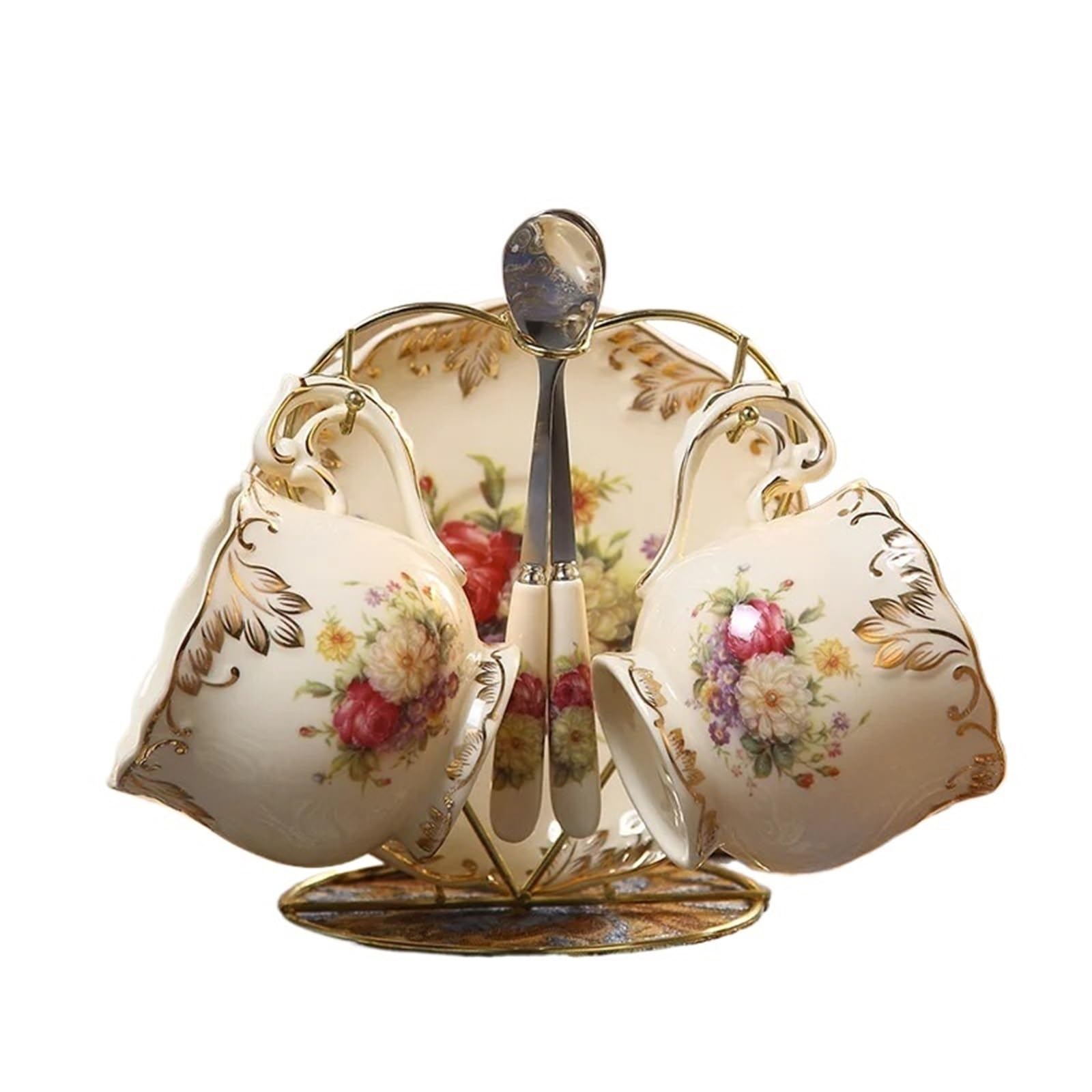 Zestaw filiżanek do herbaty i spodków, minimalistyczny zestaw filiżanek do kawy i naczyń brytyjskie malowane kwiaty domowy porcelanowy kubek z łyżką ceramiczny kubek do popołudniowej herbaty (A)
