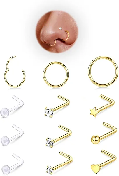 12PCS Hypoallergenic 14K Gold Plated 18G Nose Rings Studs Set for Women Men:3Pcs nose rings & 6Pcs L Shaped Nose Studs & 3Pcs Clear Nose Studs Gold/Silver 316L Surgical Stainless Steel Nose Piercing Jewelry