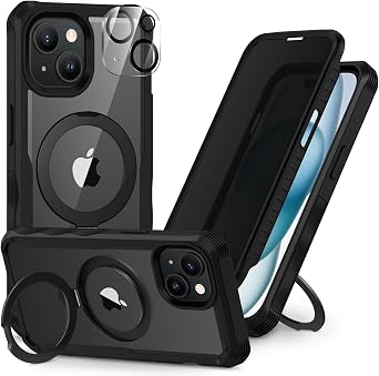 CENHUFO Privacy for iPhone 15 Case, Full Body Phone Case [Compatible with Magsafe] Built-in 9H Tempered Glass Privacy Screen Protector and Magnetic Ring Stand, Clear Camera Lens Cover - Black