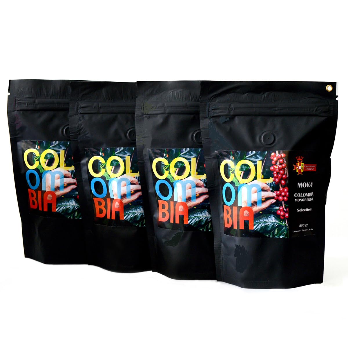 Caffe macinato per moka monorigine Colombia, 100% arabica, vellutato, pack da 4 x 250 g, tostato medio