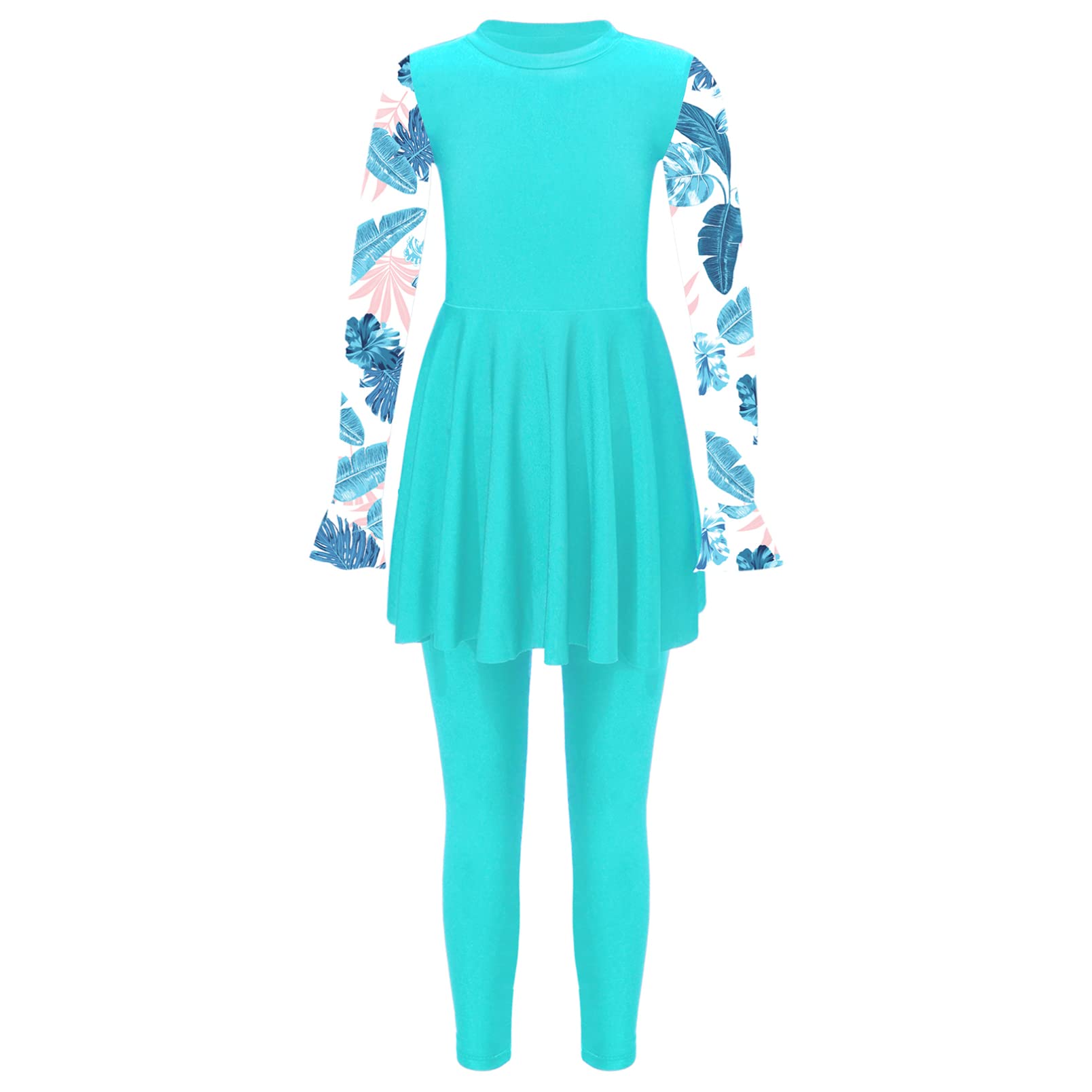 dPois Maillot de Bain Musulman Fille Enfant 2 Pieces Anti-UV Jupe de Bain Ensemble Tankini Burkini Manches Longues Combinaison de Piscine Plage Été Vacances