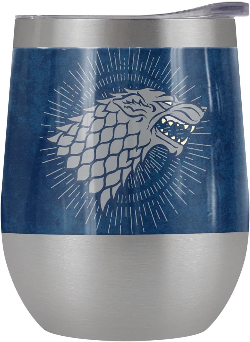 Game of Thrones OFFICIAL Stark Sigil 12 OZ Stemless Wine Tumbler, Stainless Steel Travel Cup|Lake Tumbler|Insulated with Leak Resistant Slide-Lock Lid, Stainless Steel