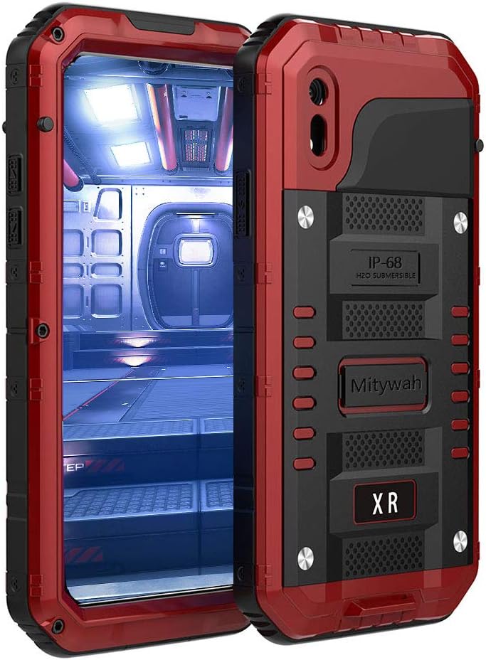 Mitywah Shockproof Case Compatible with iPhone XR, Waterproof Cover Built-in Screen Protector Armor Military Grade Heavy Duty Metal Shell with Impact Resistant Bumpers Red