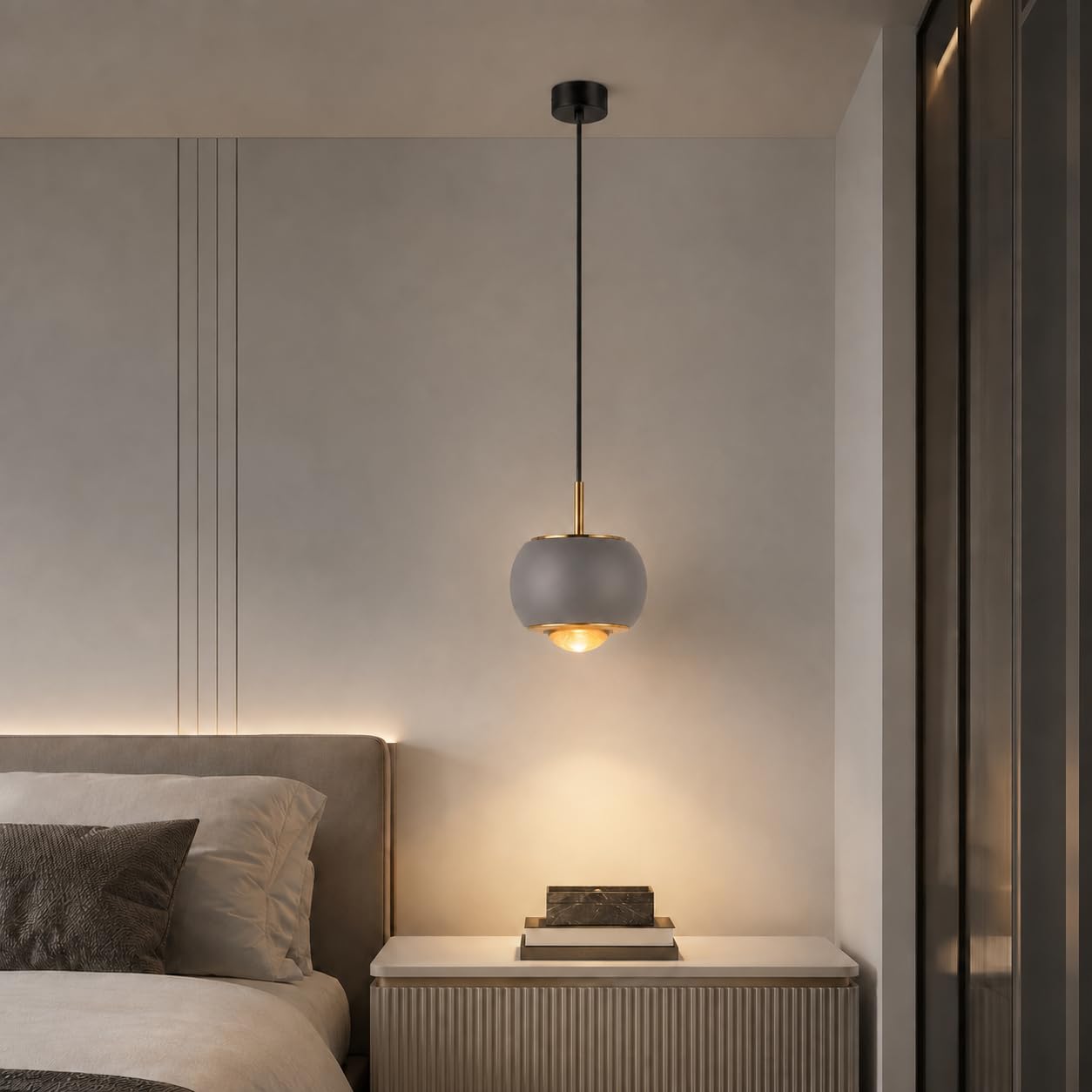 Nowoczesna metalowa lampa wisząca z kloszem kuli i miękkim dyfuzorem