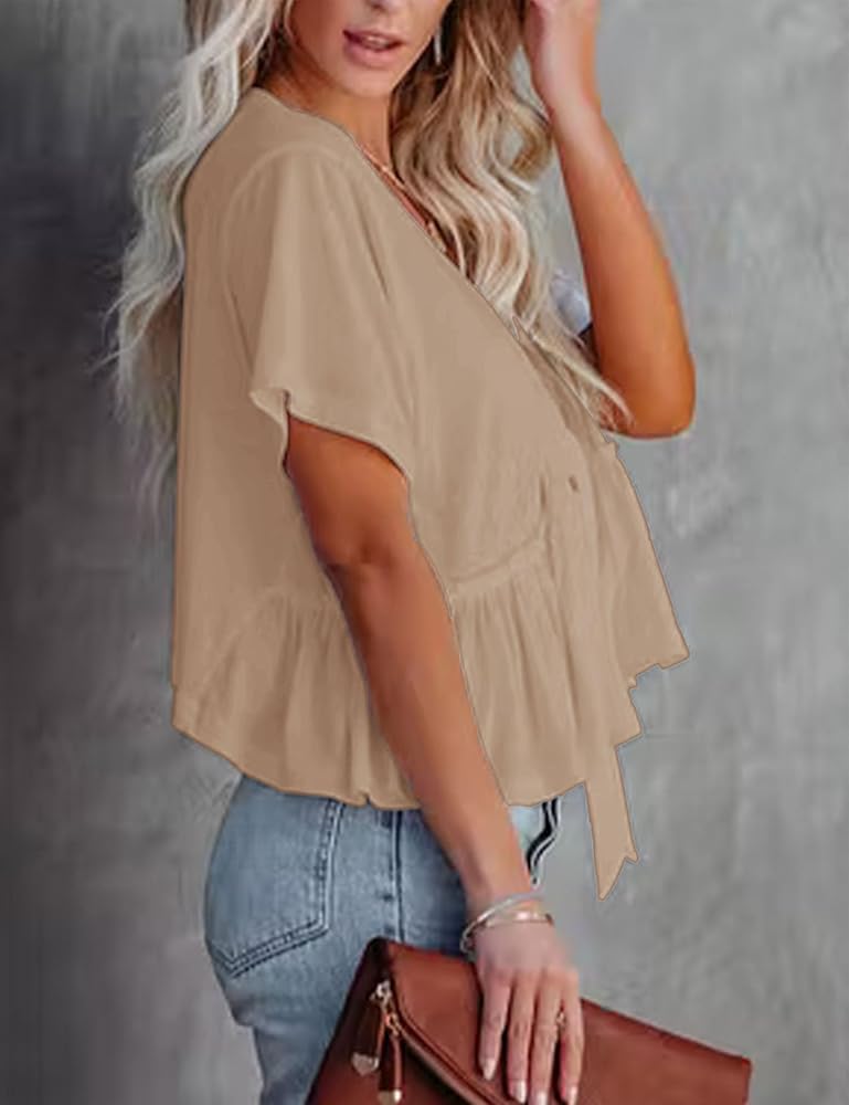Fanway&EC Women's Short Sleeve V Neck Blouses Ruffle Hem Tie Front