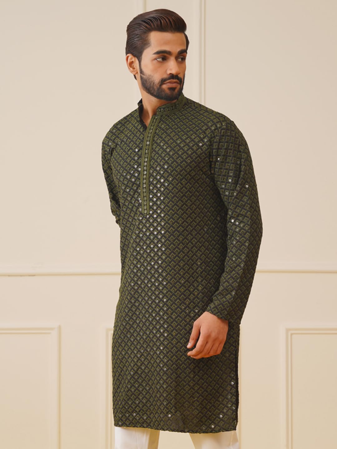 Jompers Men's Mehndi Sequin Embroidered Pure Cotton Kurtas. (Mehndi, Xxl)