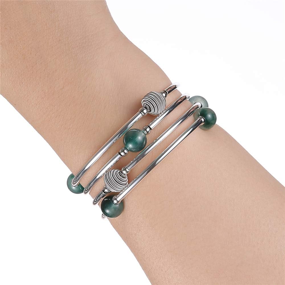 PEARL&CLUB Beaded Chakra Bangle Turquoise Bracelet - Fashion Jewelry Wrap Bracelet with Thick Silver Metal and Mala Beads, Birthday Gifts For Women - Image 2