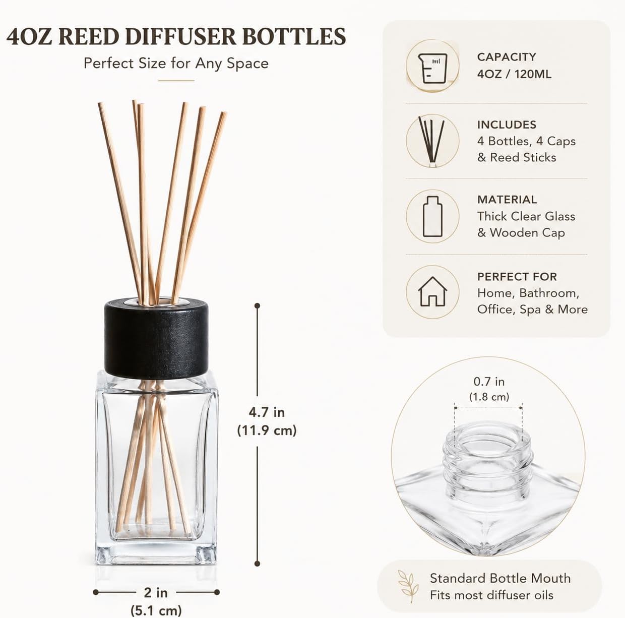 4 Pack Empty Reed Diffuser Bottles with Reed Sticks, 4 oz / 120ml Clear Glass Diffuser Bottle Set with Wooden Caps for Essential Oils, Aromatherapy & Home Fragrance
