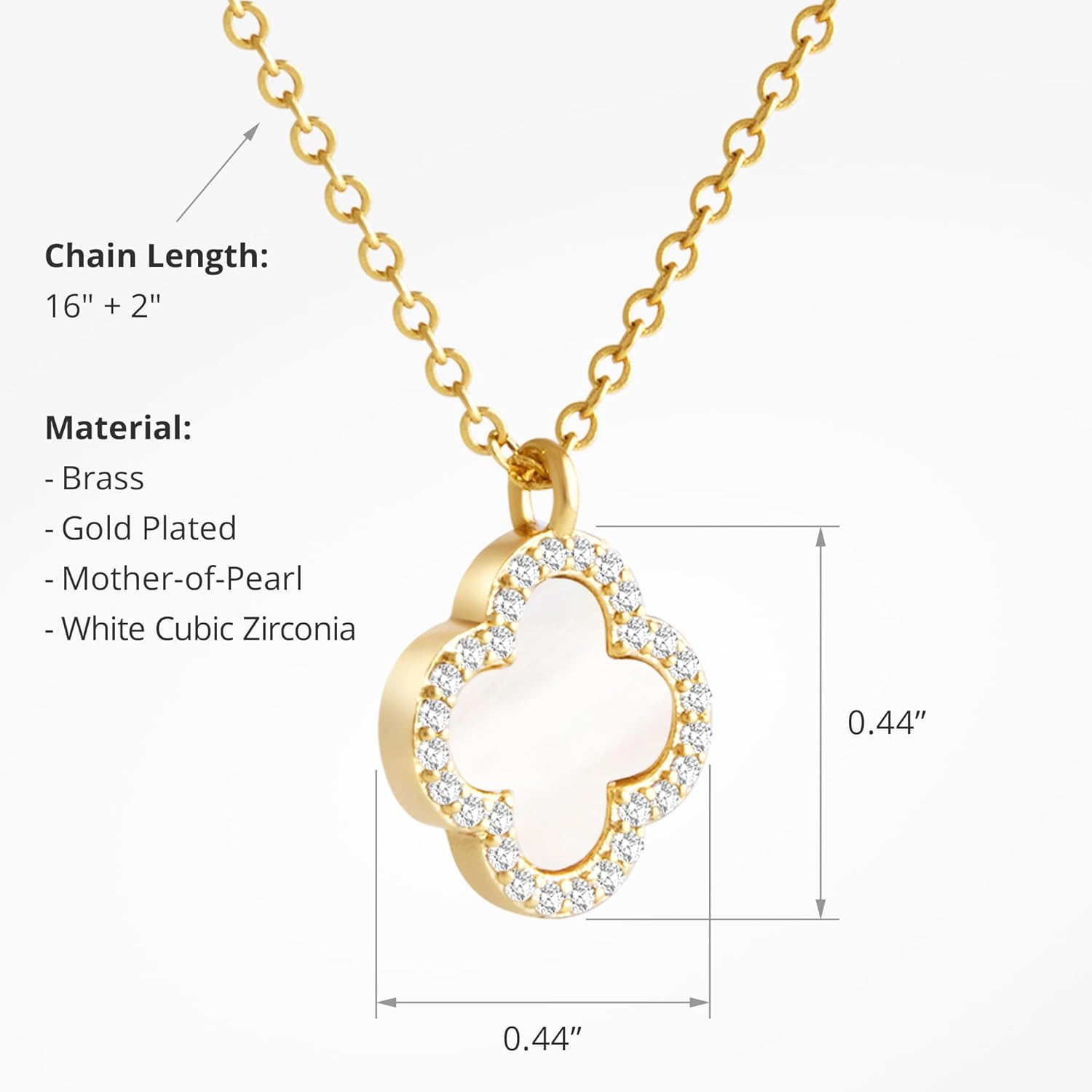 COBI Dainty 4 Leaf Clover Necklace,18K Gold Plated Mother of Pearl & Cubic Zirconia, 16" Chain with 2" Extender, Available in Single Pendant or Multi Station Styles - Image 2