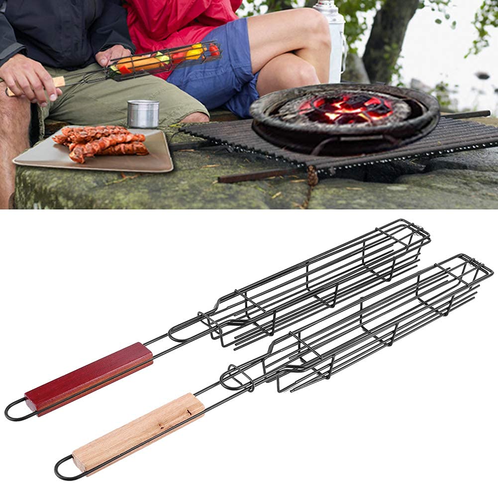 2 pièces paniers grille pour barbecue, grille de barbecue avec poignée en bois pour kebab, saucisse, légumes, poissons, crevettes, 49 x 4,7cm