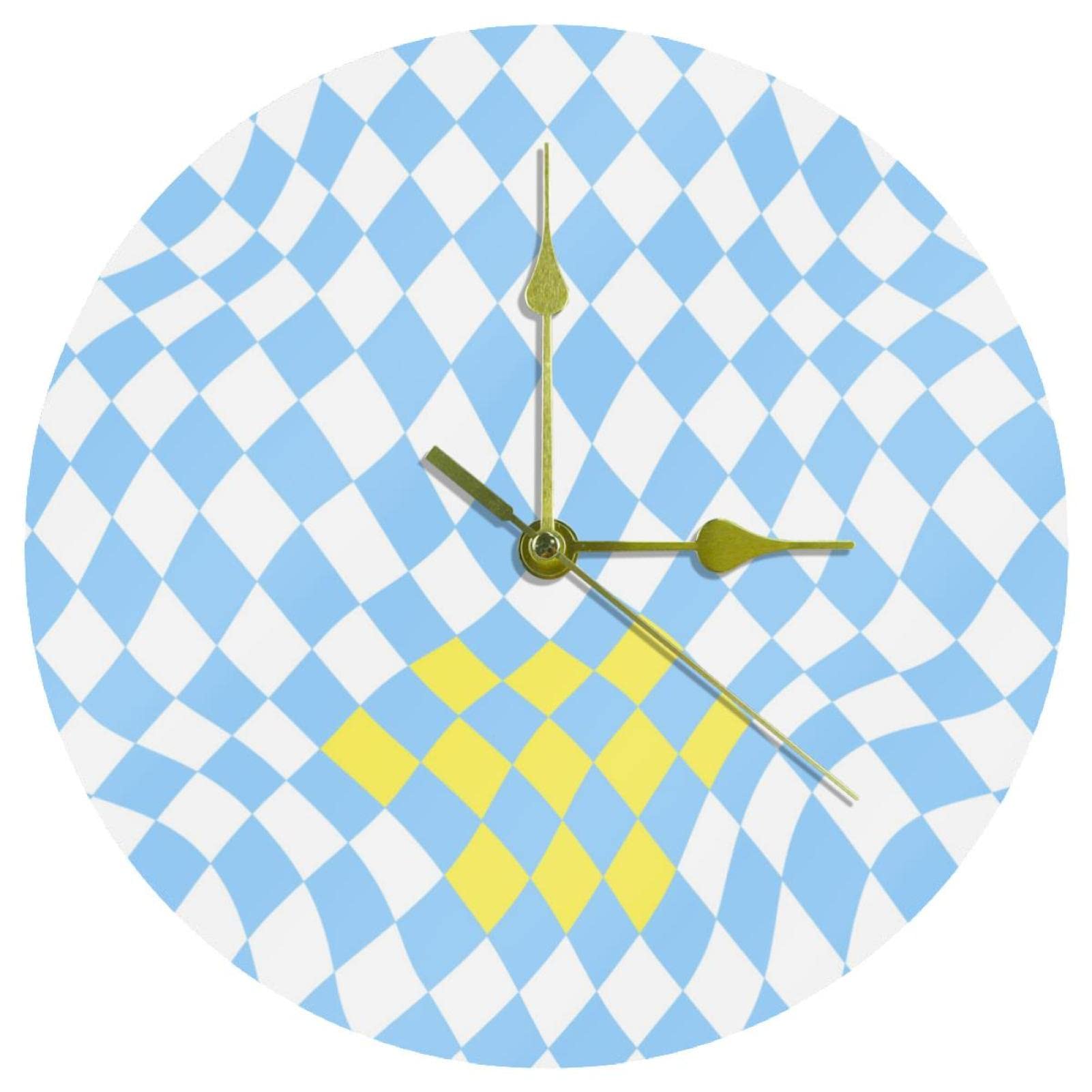 Horloge murale damier jaune et bleu en acrylique de 24 cm avec un mouvement silencieux à quartz