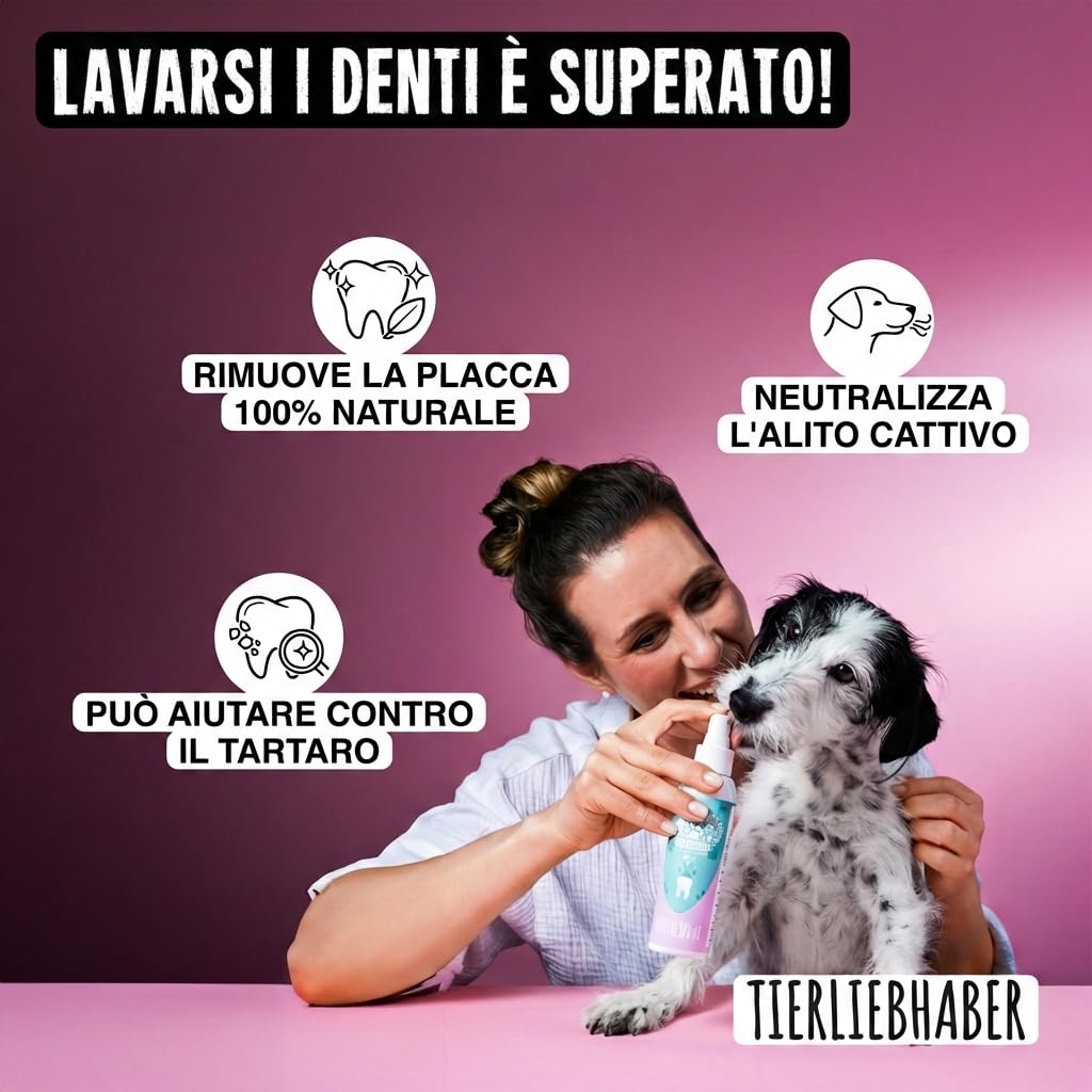 TIERLIEBHABER – Dentifricio Spray per Cani 150ml – Dentifricio contro Alitosi, Placca e Tartaro Cane sviluppato da Veterinari – Dentifricio per Cani 100% Naturale – Pulizia Delicata dei Denti del Cane