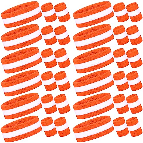 Image of Eurzom 36 Pcs Neon Sports Sweatbands Set Include 12 Striped Sweat Absorbing Headbands 24 Wristbands Athletic for Men Women Basketball Tennis Running Glow Party
